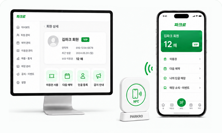 파크로 스마트 터치 기기 — 대시보드 모니터, NFC 단말기, 회원 앱